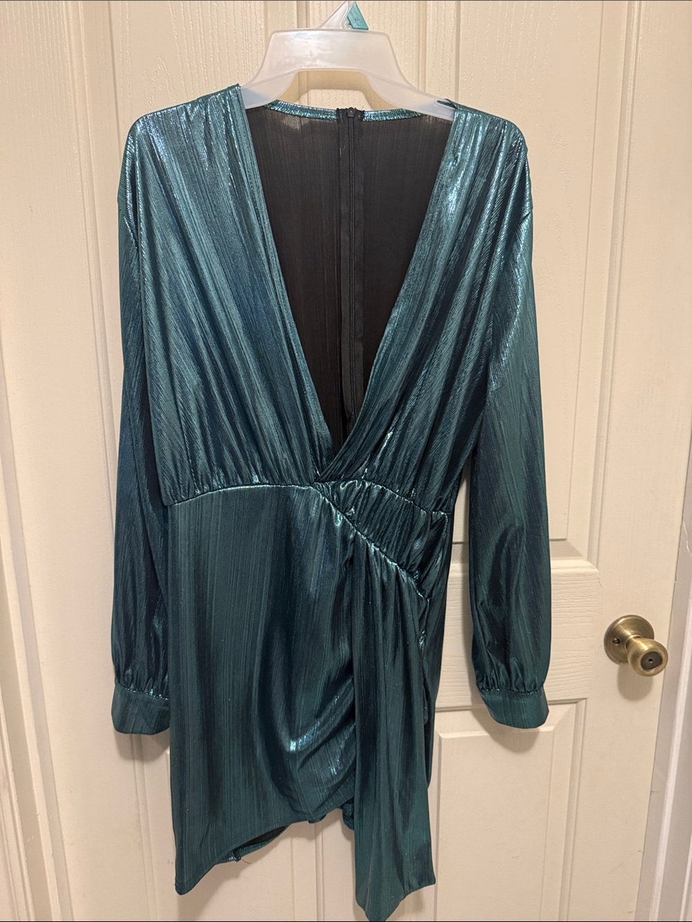 Amazon Metallic Teal Long-Sleeve Wrap Mini Dress